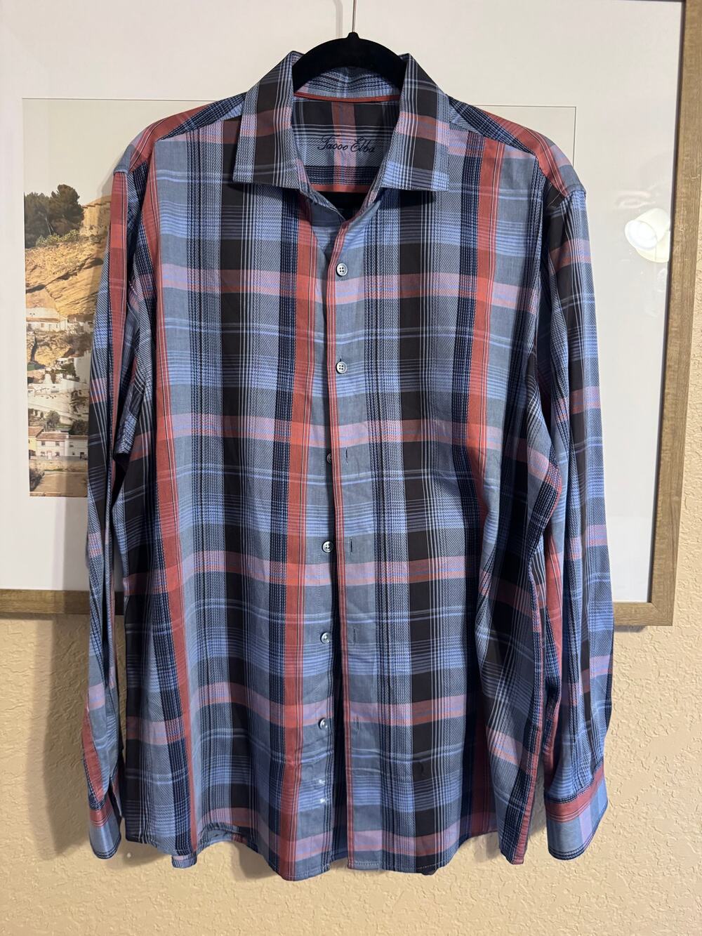 Tasso Elba Men's Large Blue Coral Plaid Cotton Long Sleeve Button Up Shirt